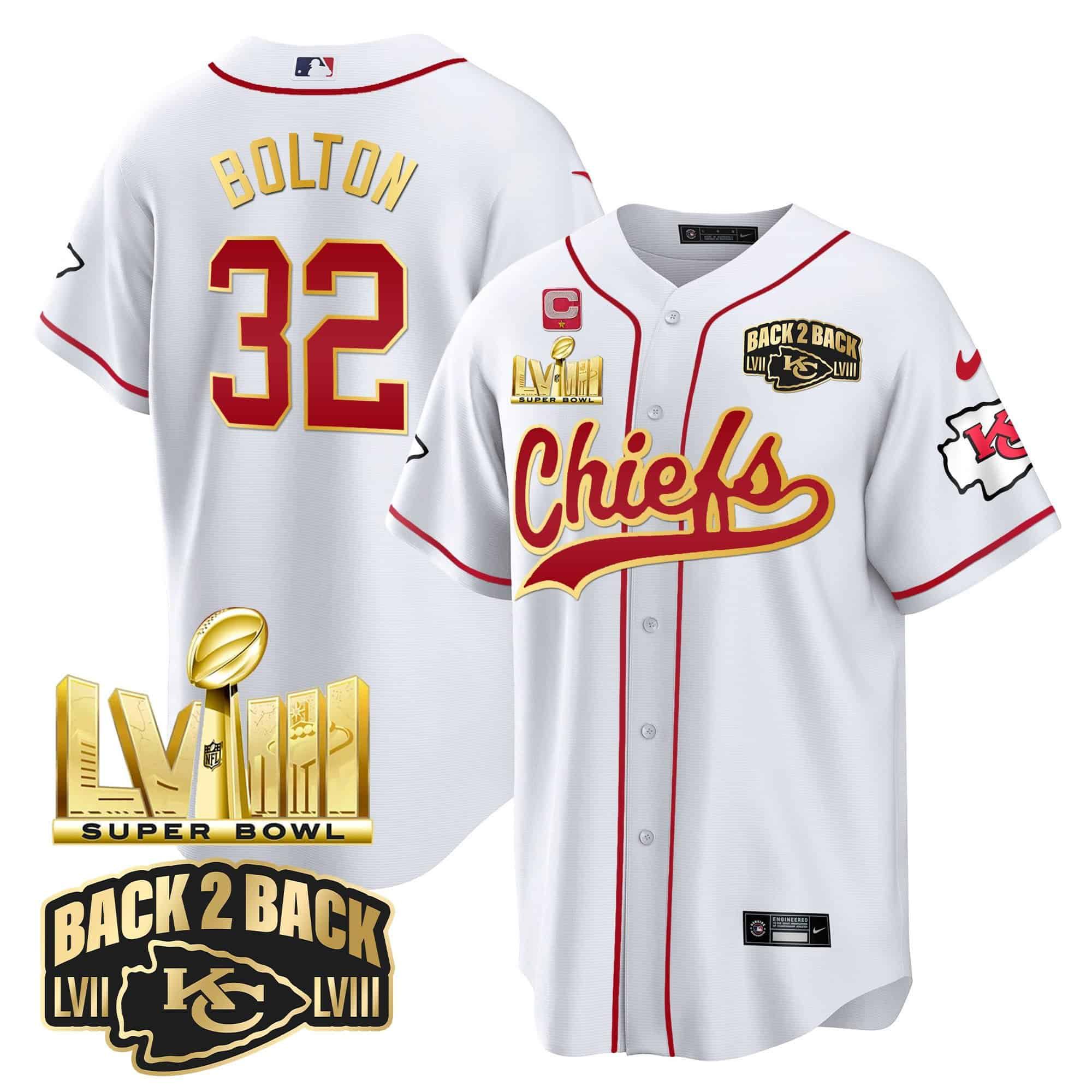Men Kansas City Chiefs #32 Bolton White 2024 Nike Super Bowl LVIII Back-2-Back Gold Patch Baseball NFL Jersey->indianapolis colts->NFL Jersey